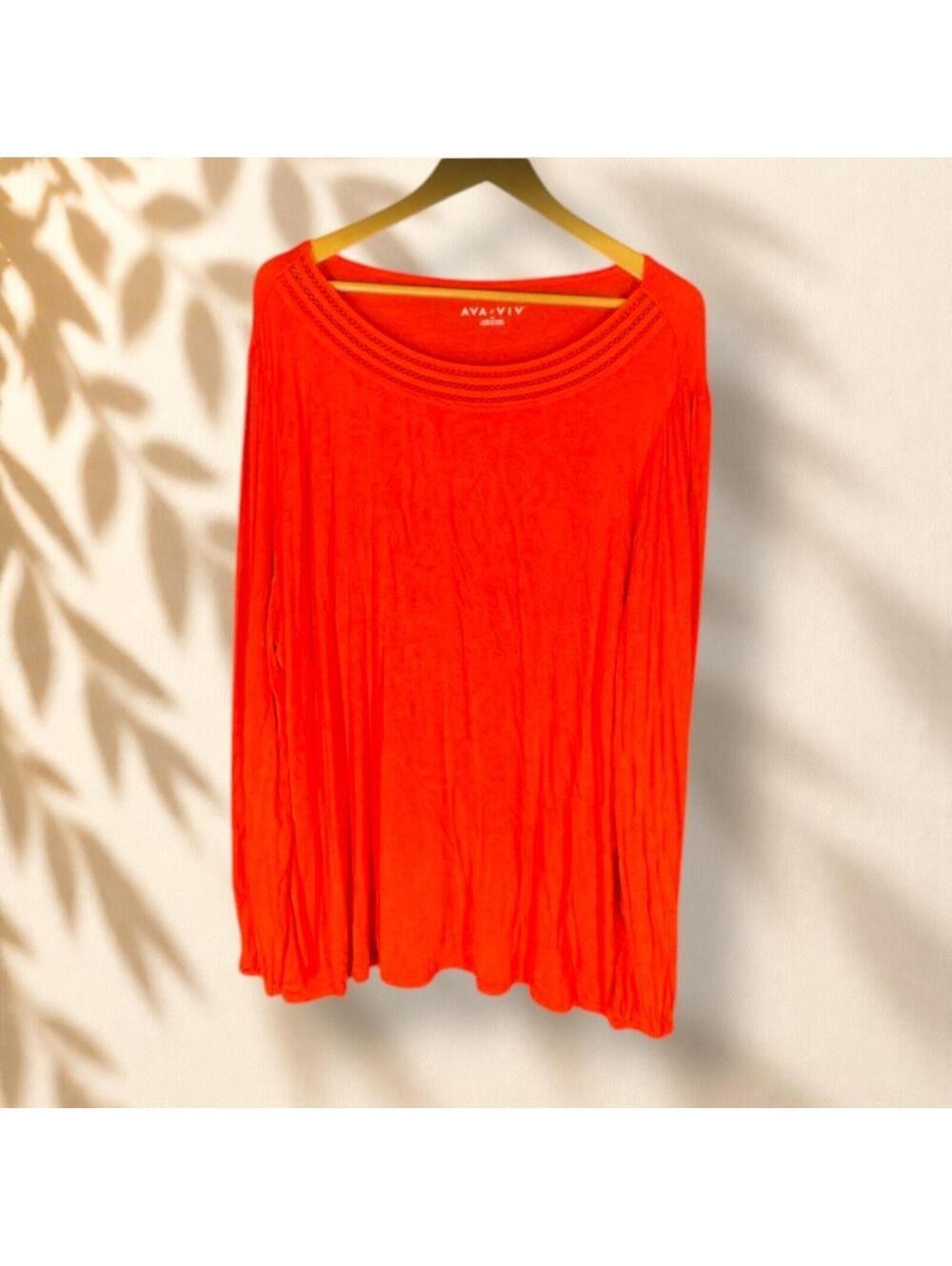 Ava & Viv Tunic Top Women 3X Plus Red Long Sleeve Round Neck Rayon Casual Solid